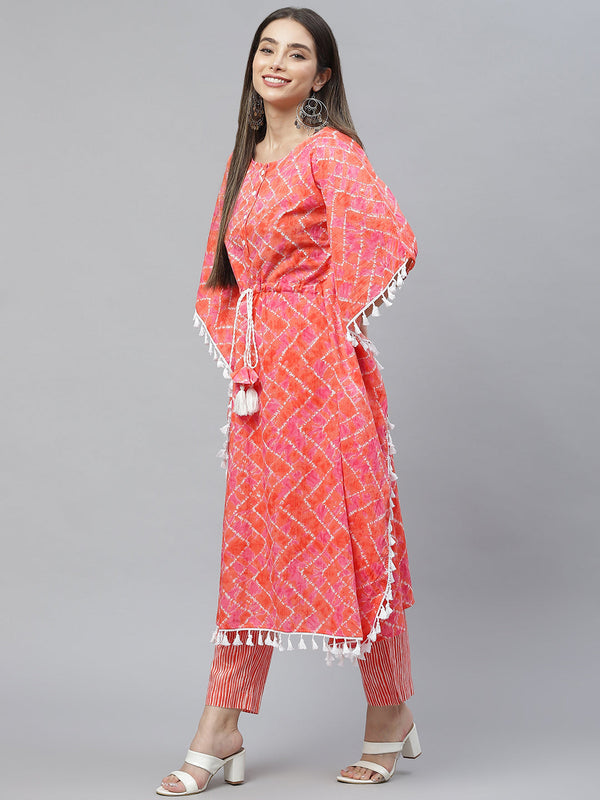 Indibelle Cotton Peach Tie Dye Print Kaftan Kurta