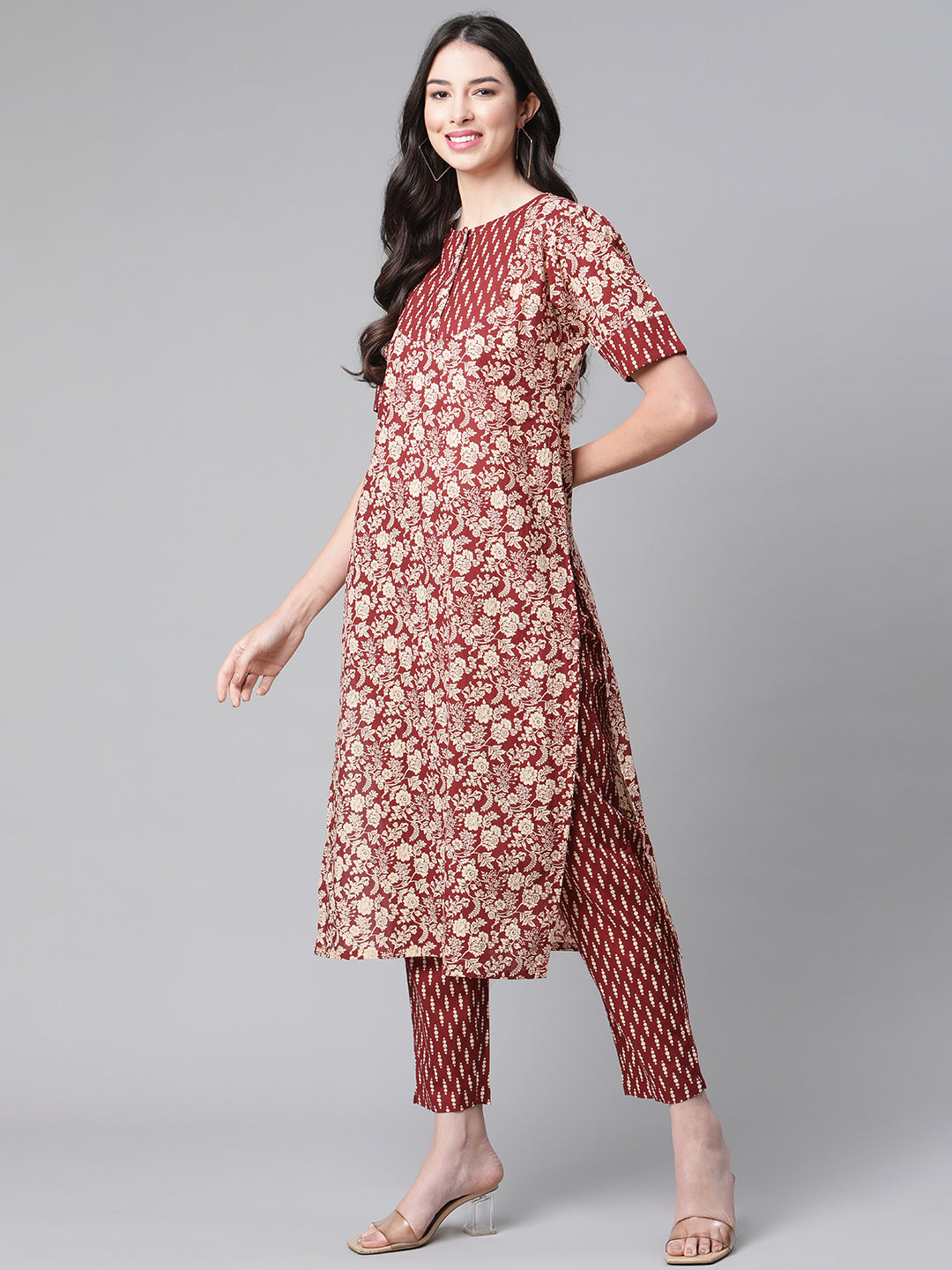 Indibelle Cotton Maroon Floral Print Straight Kurta