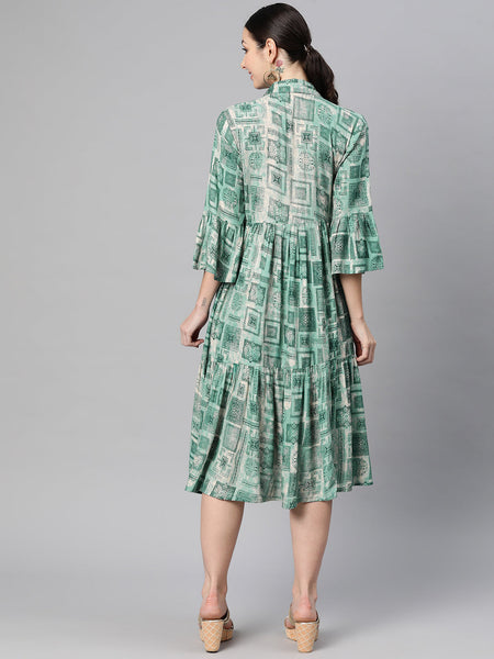 Indibelle Rayon Teal Abstract Print Dress