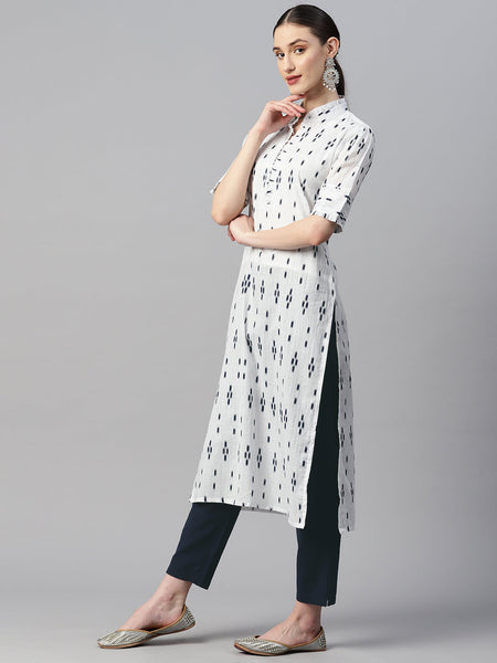 Indibelle Cotton Lurex White Ikat Print Kurta
