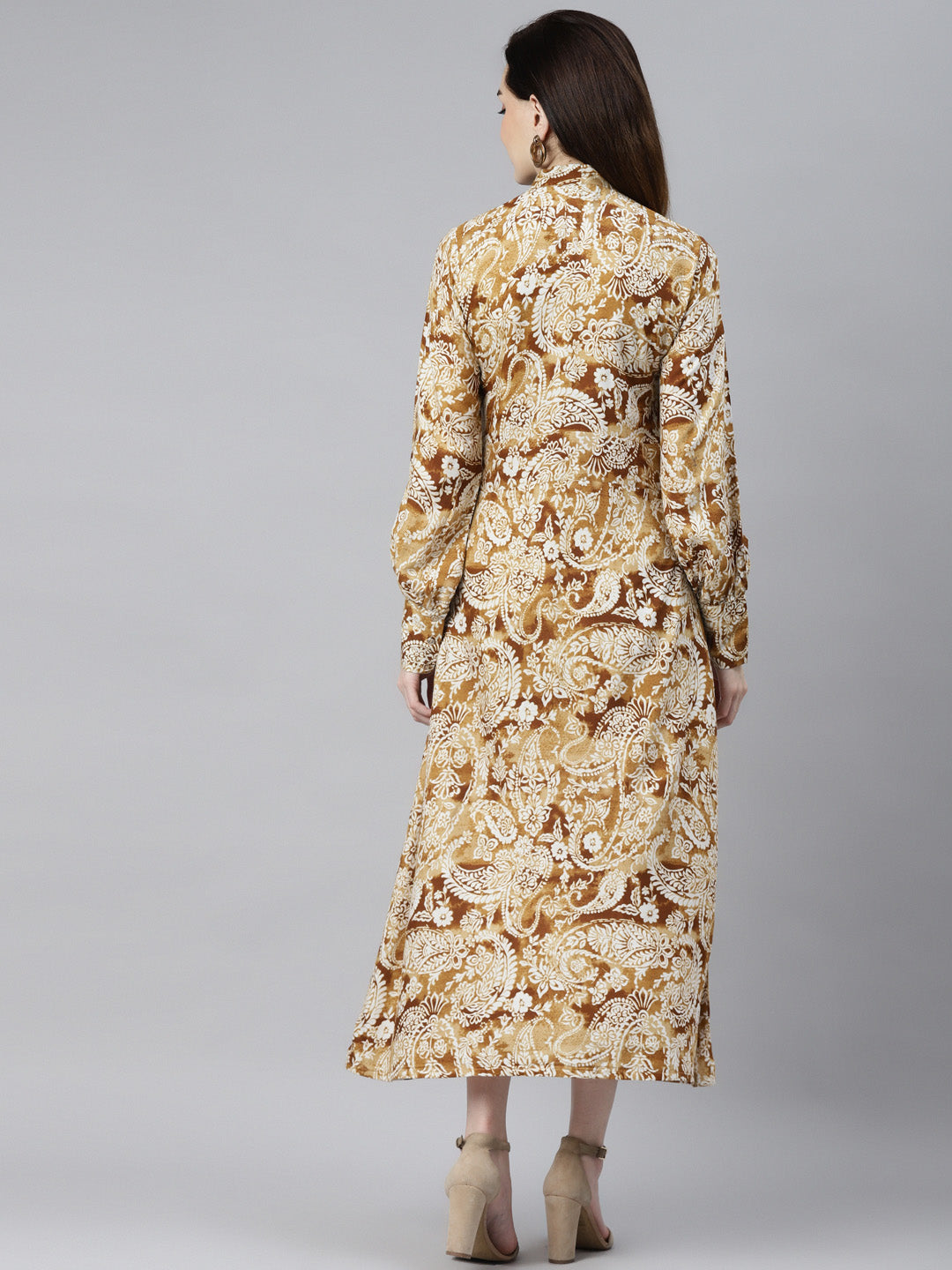 Indibelle Rayon Mustard Gold Paisley Print A-Line Dress