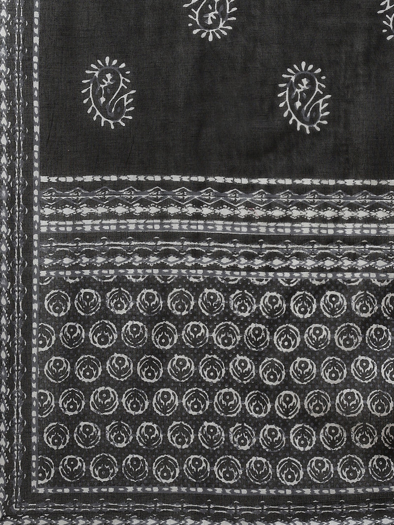 Indibelle Cotton Calf Length Floral Print A-Line Kurta set (Black)