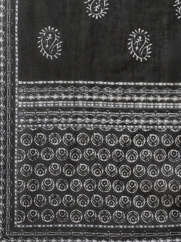 Indibelle Cotton Calf Length Floral Print A-Line Kurta Pant With Dupatta (Black)