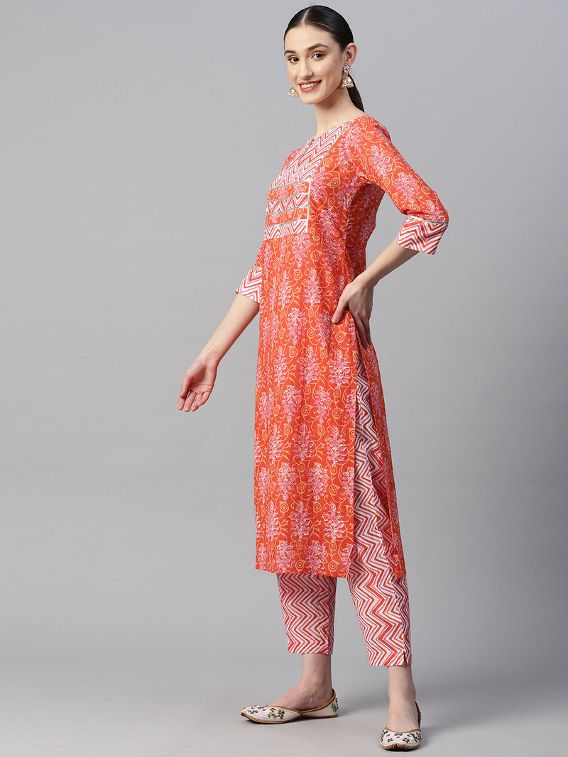 Indibelle Cotton Orange Floral Print Kurta