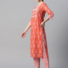 Indibelle Cotton Orange Floral Print Kurta