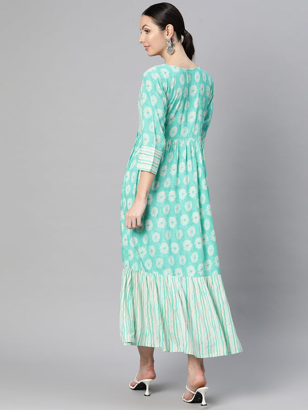 Indibelle Rayon Teal Floral Print Flared Dress