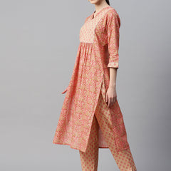 Indibelle Cotton Lurex Peach Pink Floral Print Kurta
