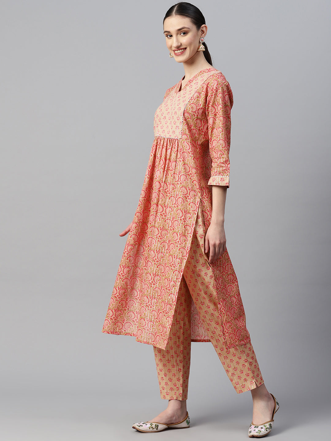 Indibelle Cotton Lurex Peach Pink Floral Print Kurta