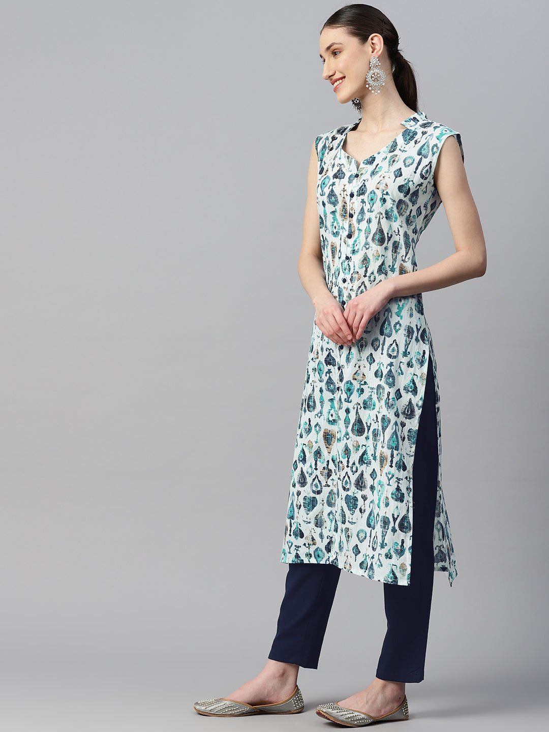 Indibelle Cotton Lurex Teal Abstract Print Kurta set