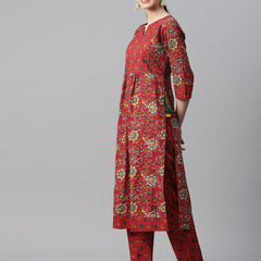 Indibelle Cotton Red Yellow Floral Print Kurta