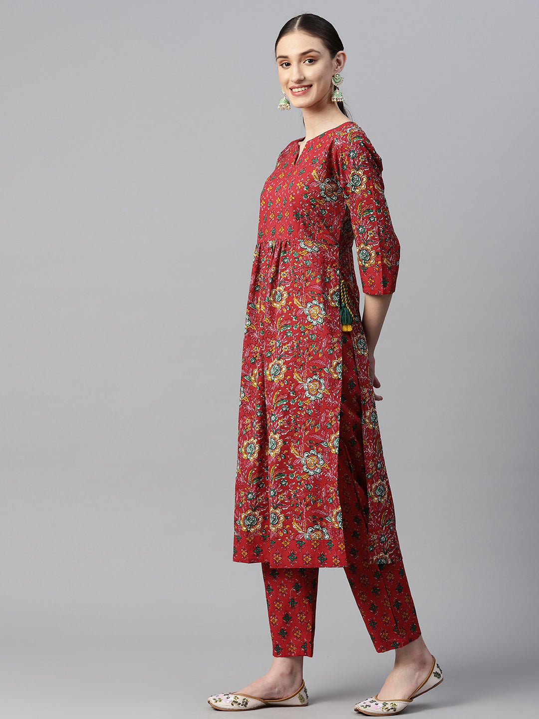 Indibelle Cotton Red Yellow Floral Print Kurta