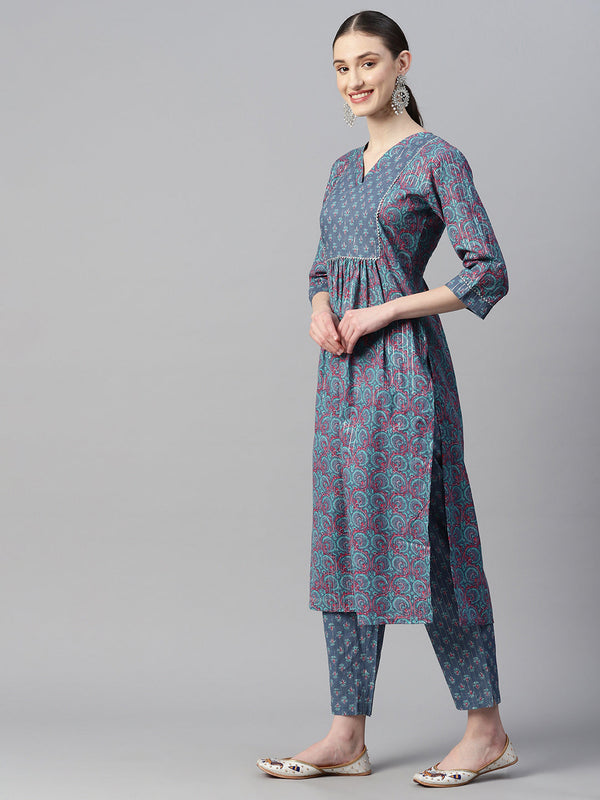 Indibelle Cotton Lurex Blue Pink Floral Print Kurta set