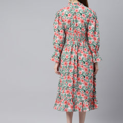 Indibelle Cotton White Tropical Print A-Line Dress