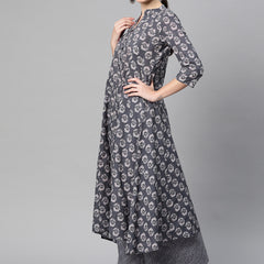 Indibelle Cotton Grey Floral Print A-Line Kurta 