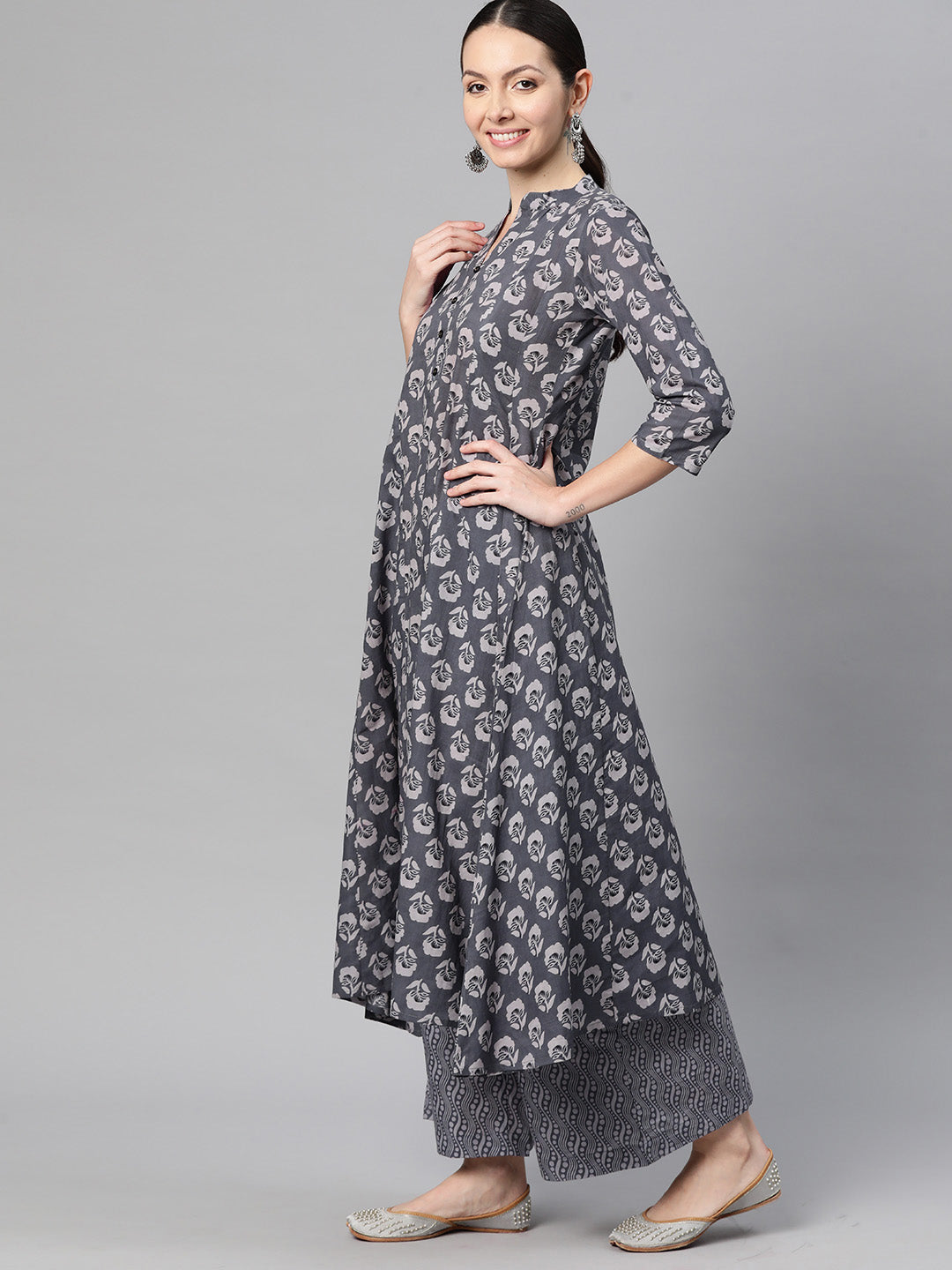 Indibelle Cotton Grey Floral Print A-Line Kurta 