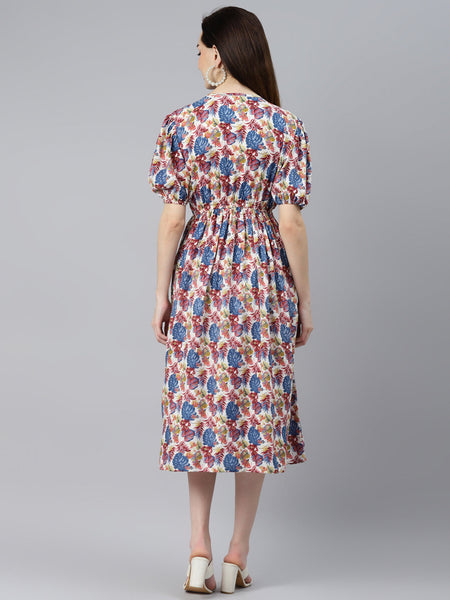 Indibelle Rayon Blue Tropical Print Flared Dress