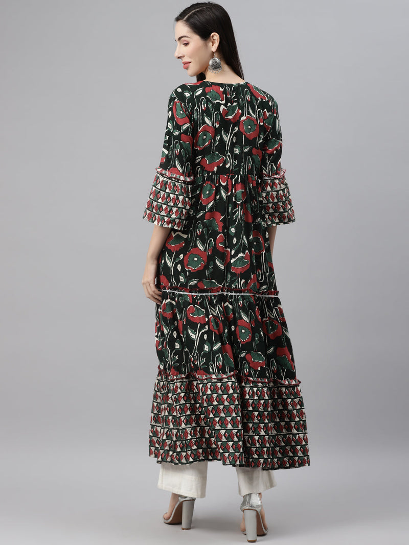 Indibelle Rayon Dark Green Floral Print Flared Kurta