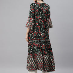 Indibelle Rayon Dark Green Floral Print Flared Kurta