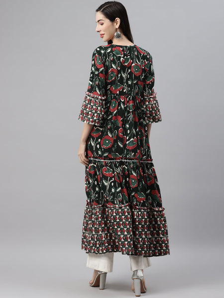 Indibelle Rayon Dark Green Floral Print Flared Kurta