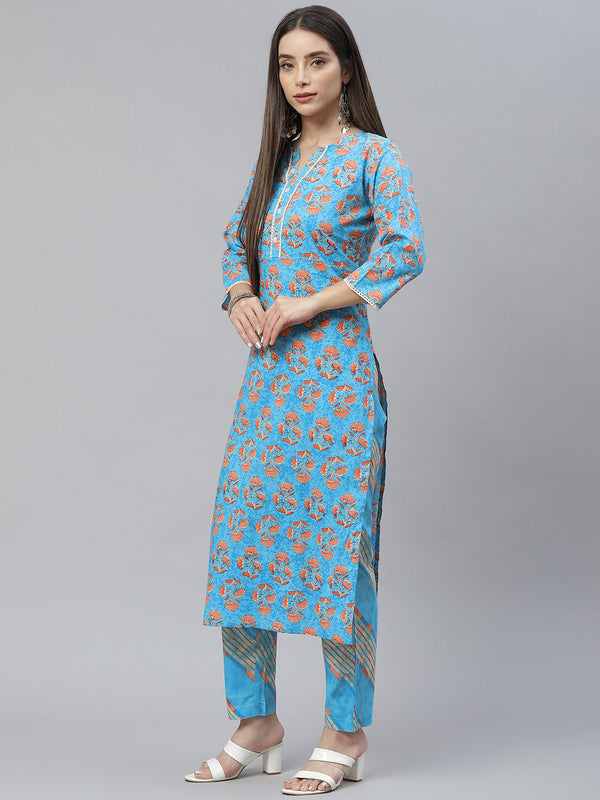 Indibelle Cotton Sky Blue Floral Print Straight Kurta