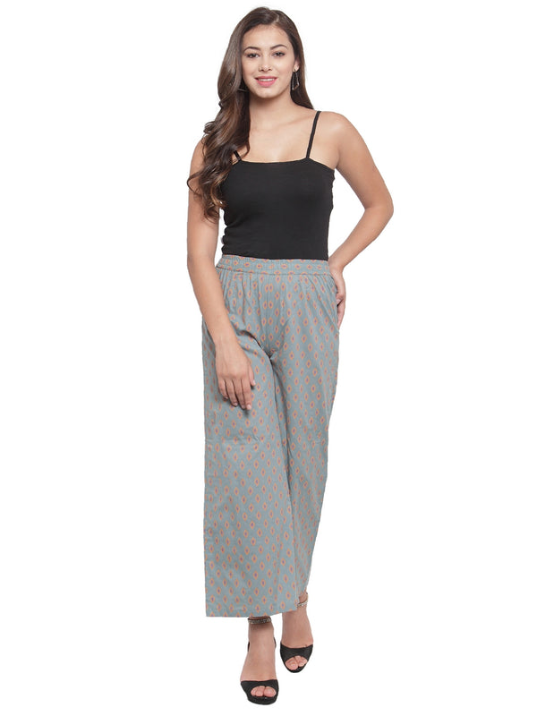 Indibelle Cotton Ethnic Motifs Print Plazzo Pants (Grey)