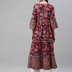 Indibelle Rayon Wine Purple Floral Print Flared Kurta