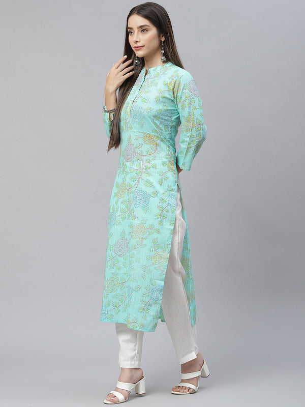 Indibelle Cotton Sea Green Lurex Floral Print Straight Kurta set