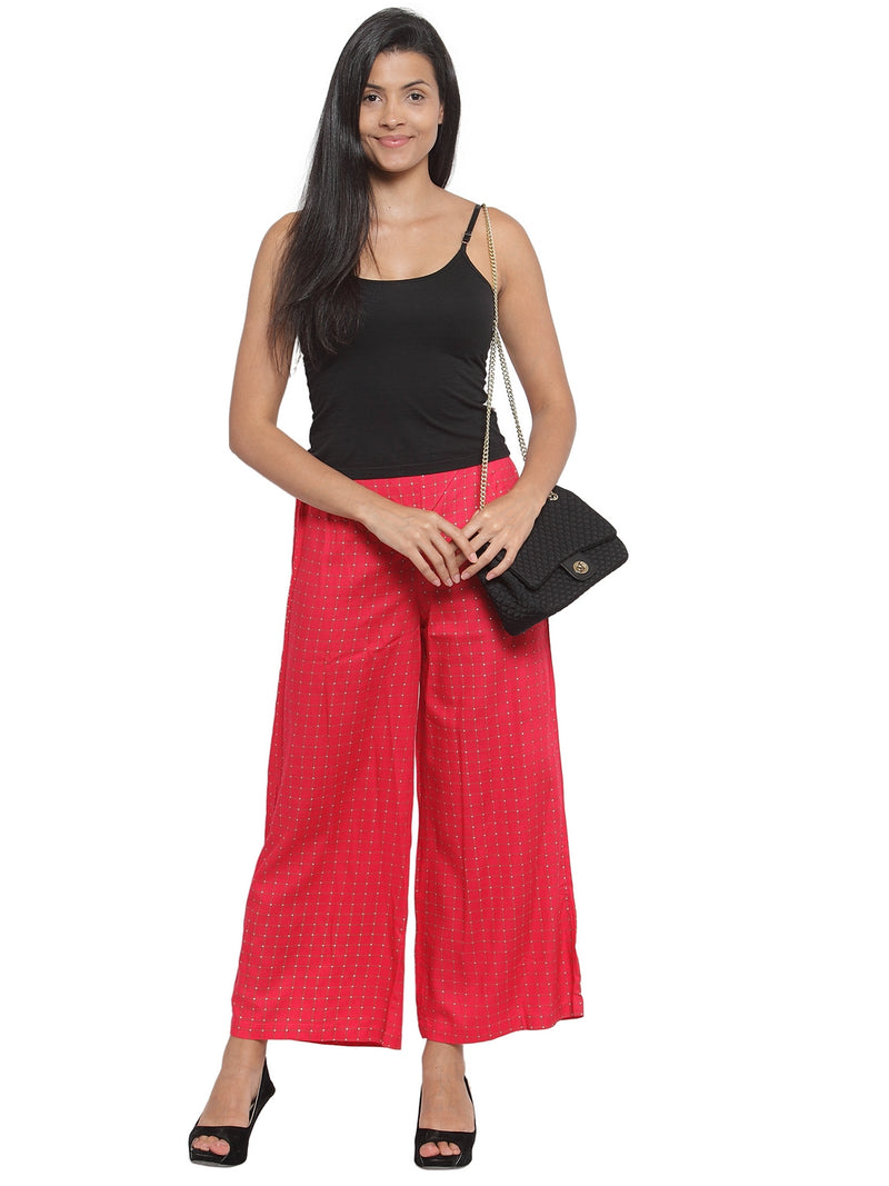 Indibelle Rayon Checked Print Plazzo Pants (Red)