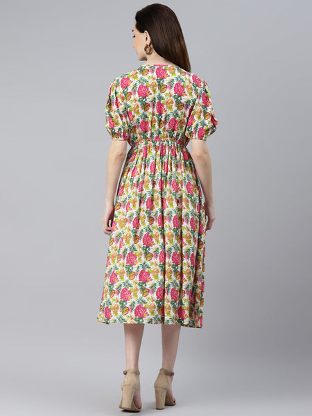 Indibelle Rayon Pink Tropical Print Flared Dress