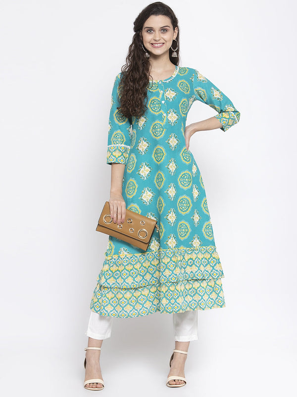 Indibelle Cotton Teal Blue booti print A-Line Kurta