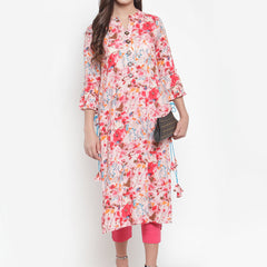 Indibelle Women Pink Rayon Slub Abstract Print Straight Kurta