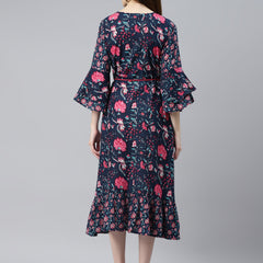 Indibelle Cotton Navy Blue Floral Print A-Line Dress