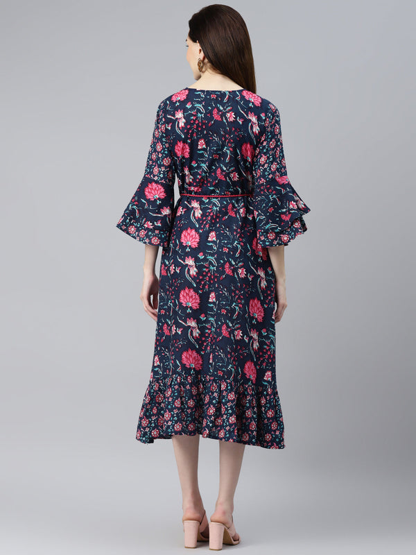 Indibelle Cotton Navy Blue Floral Print A-Line Dress