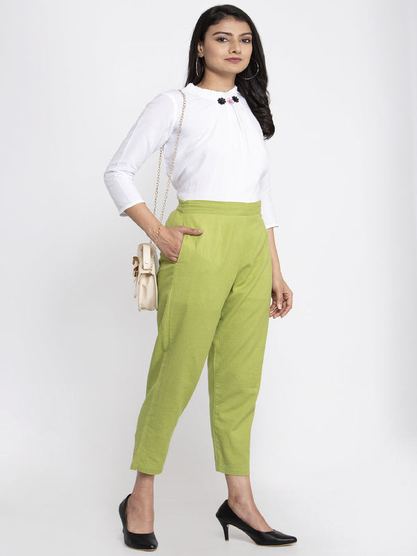 Indibelle Cotton Solid Green Trousers