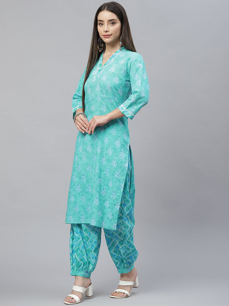 Indibelle Cotton V Neck Floral Print Straight Kurta (Teal)