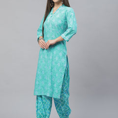 Indibelle Cotton V Neck Floral Print Straight Kurta (Teal)