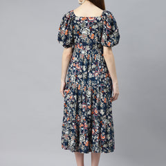 Indibelle Rayon Blue Purple Floral Print Flared Dress