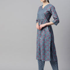 Indibelle Cotton Lurex Blue Pink Floral Print Kurta