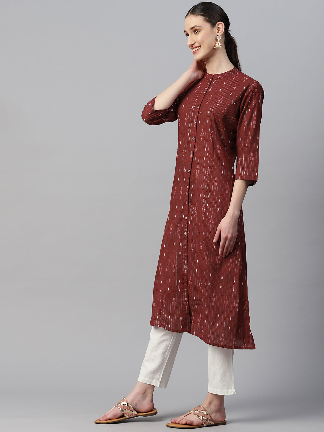 Indibelle Cotton Lurex Maroon Ikat Print A-Line Kurta set