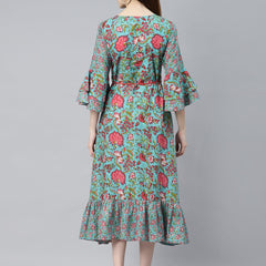 Indibelle Cotton Turquoise Blue Floral Print A-Line Dress