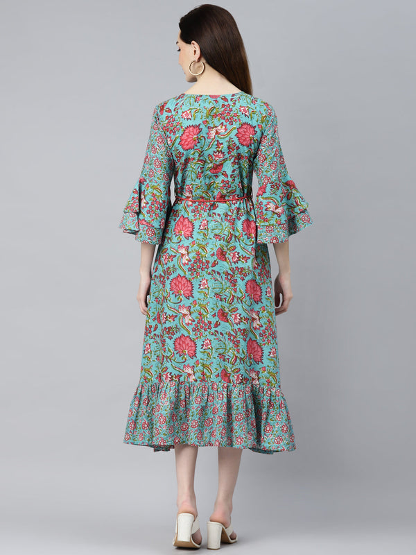 Indibelle Cotton Turquoise Blue Floral Print A-Line Dress