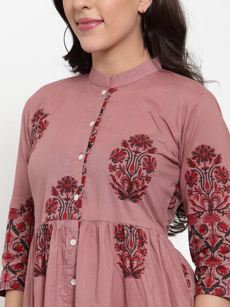 Indibelle cotton Block print A-Line Dress (Purple)