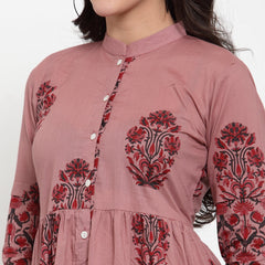 Indibelle cotton Block print A-Line Dress (Purple)