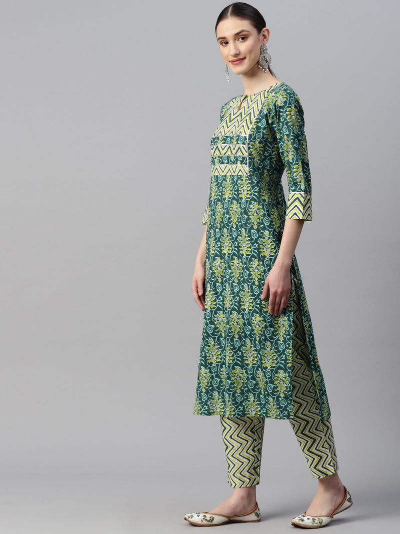 Indibelle Cotton Contrast Yolk Floral Print Kurta (Green)