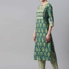 Indibelle Cotton Contrast Yolk Floral Print Kurta (Green)