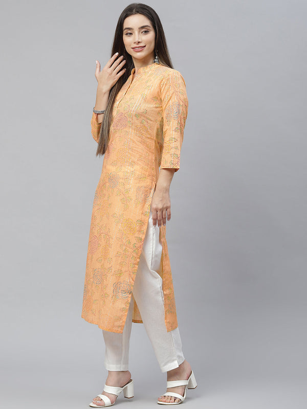 Indibelle Cotton Orange Lurex Floral Print Straight Kurta