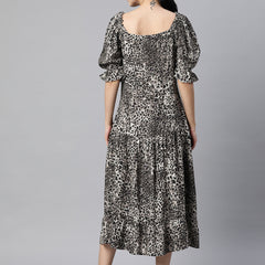 Indibelle Rayon Animal Print Flared Dress (Black)