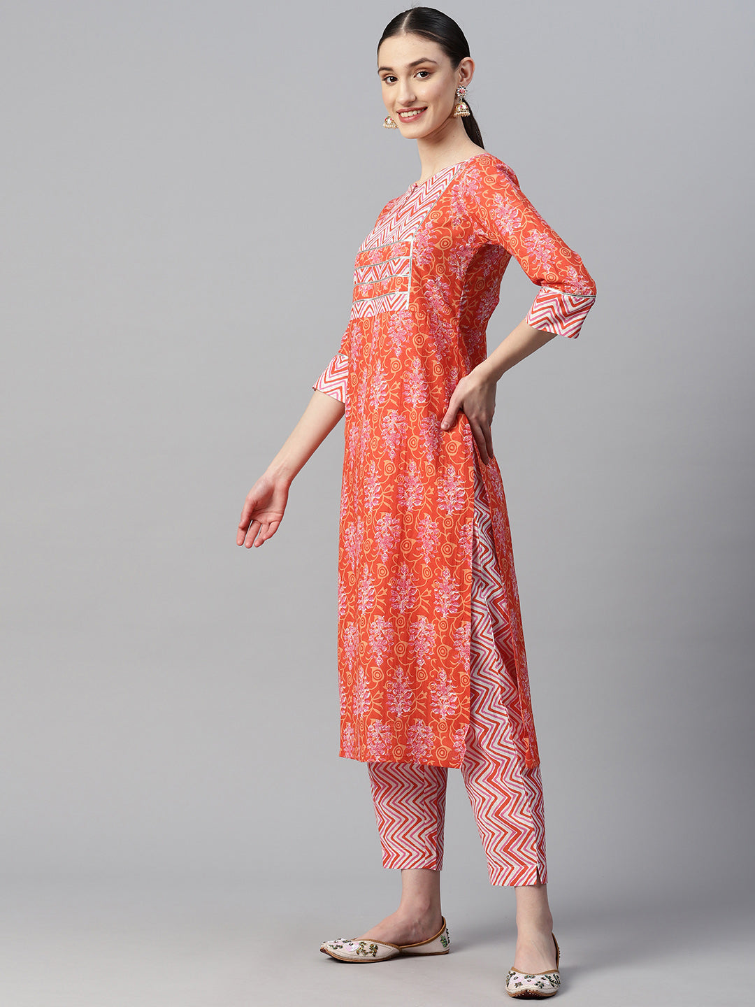 Indibelle Cotton Orange Floral Print Kurta set