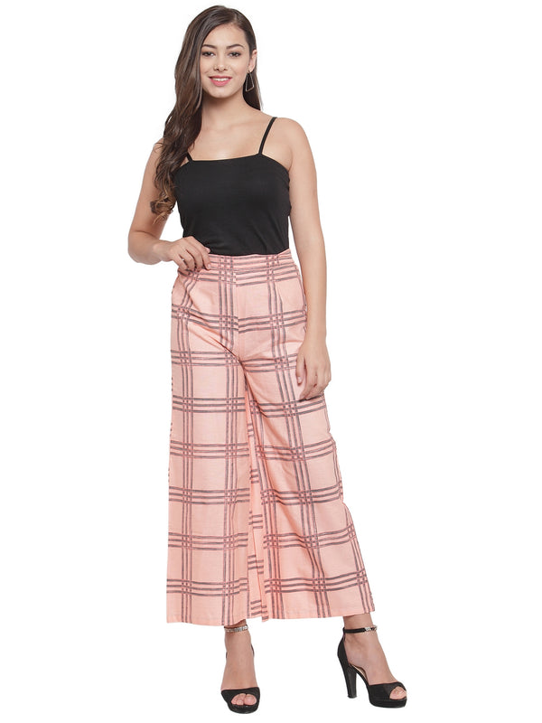 Indibelle Cotton Checkered Printed Plazzo Pants (Peach)