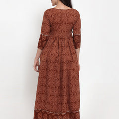 Indibelle Cotton Brown Floral Print A-Line Dress